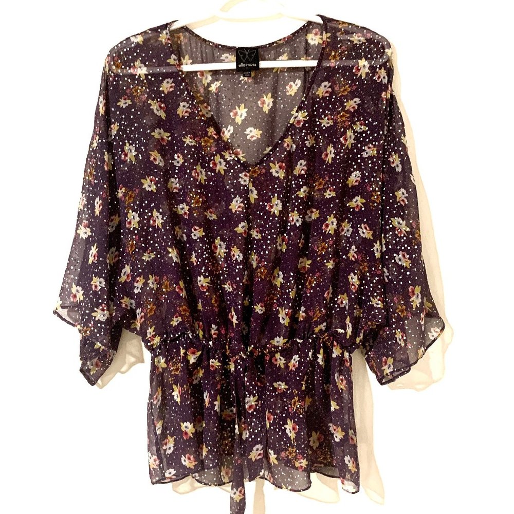 Anthropologie Ella Moss Sheer Floral Tie Silk Blouse, L, Purple